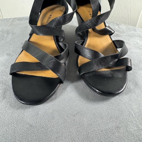 COPY - Lucky Brand Black Leather Low Wedge Strappy Sandals Womens Size 10 - Picture 4 of 8